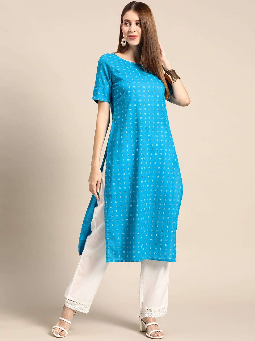 

Anouk Women Blue & White Pure Cotton Ethnic Motifs Printed Kurta