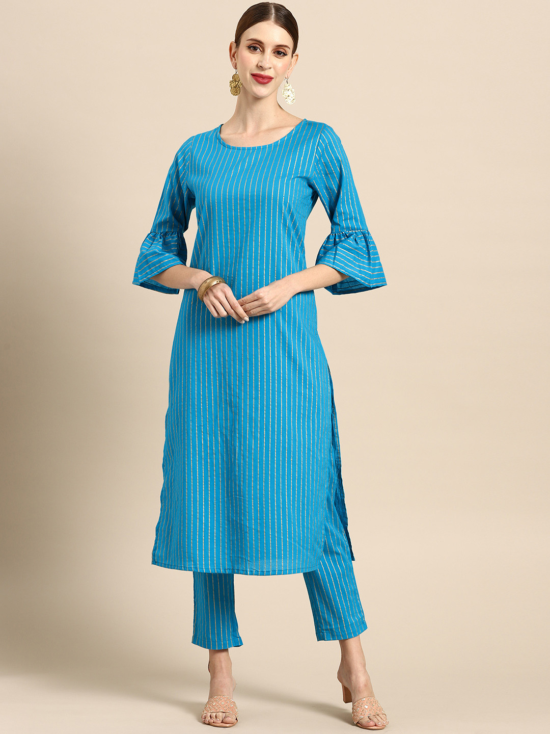 

Anouk Women Blue Pure Cotton Striped Kurta with Trousers