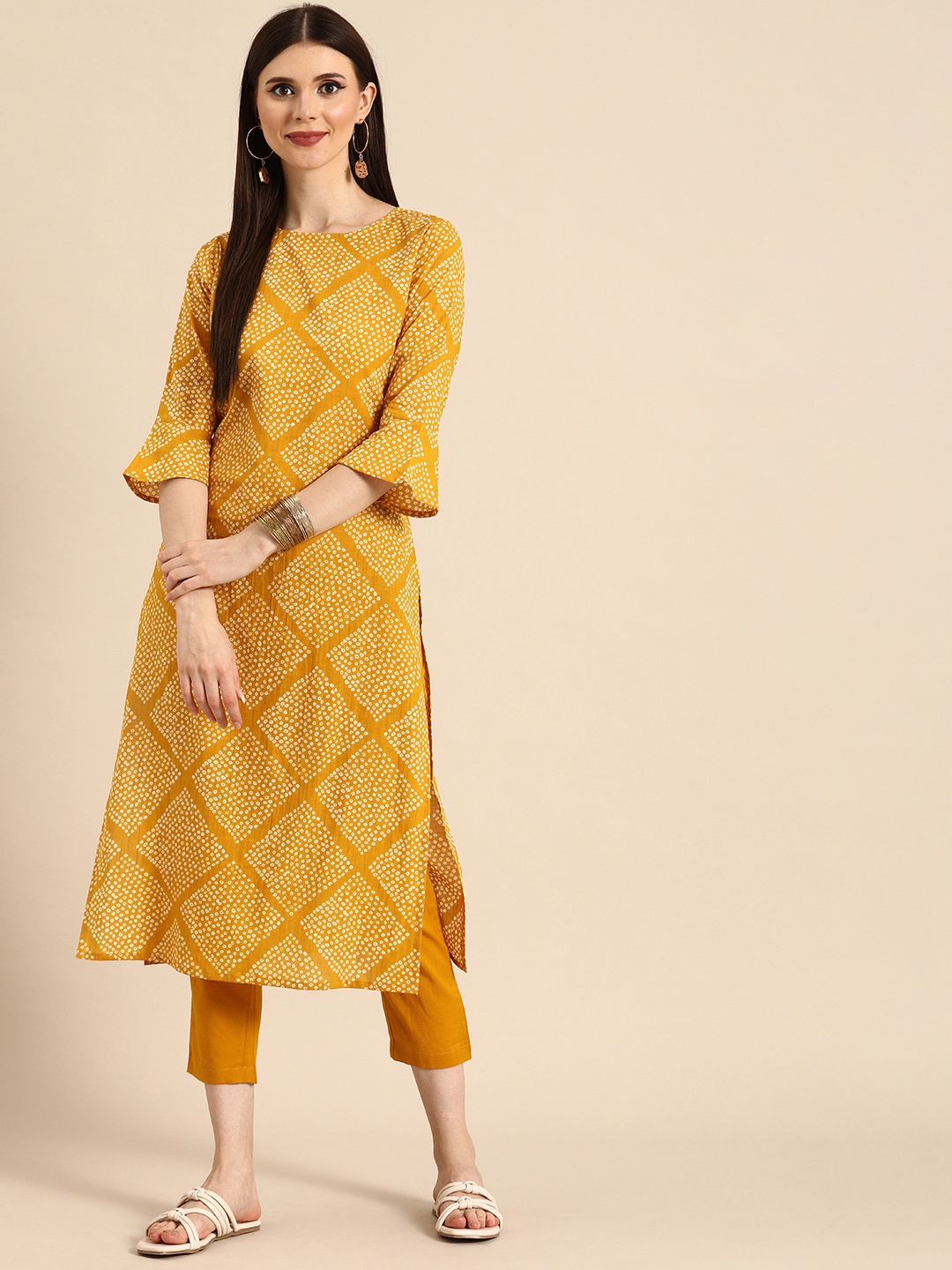 

Anouk Women Mustard Yellow Printed Pure Cotton Kurta with Trousers
