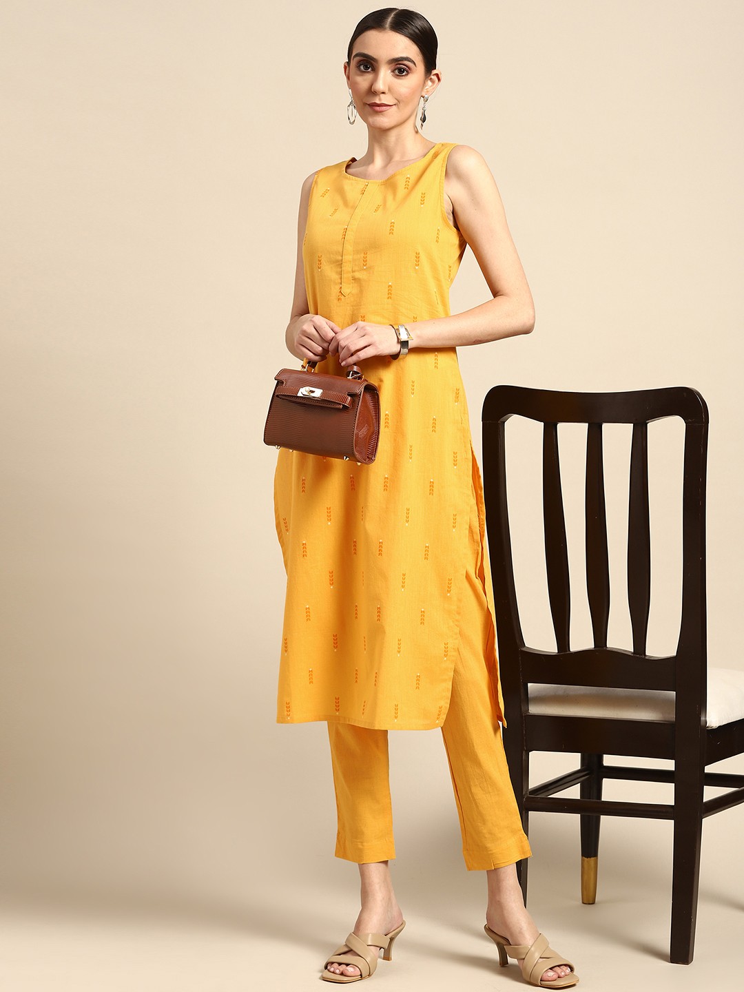 

Anouk Women Mustard Yellow Ethnic Motifs Printed Pure Cotton Kurta with Trousers