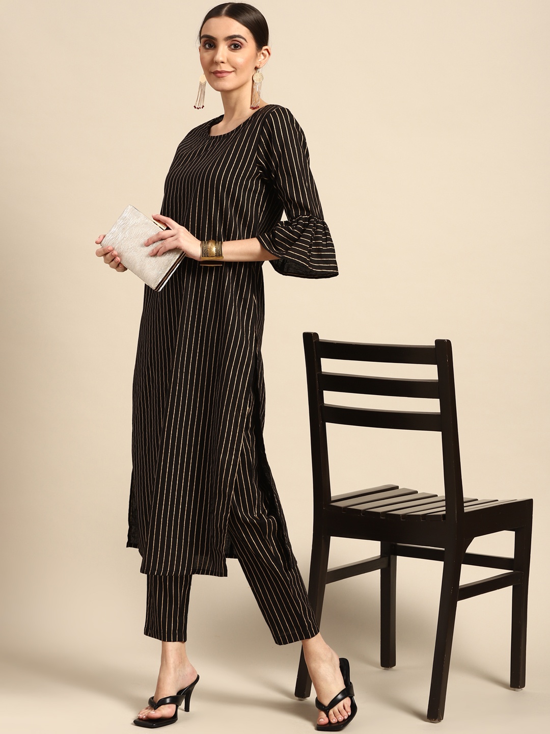 

Anouk Women Black % Golden Striped Pure Cotton Kurta with Trousers