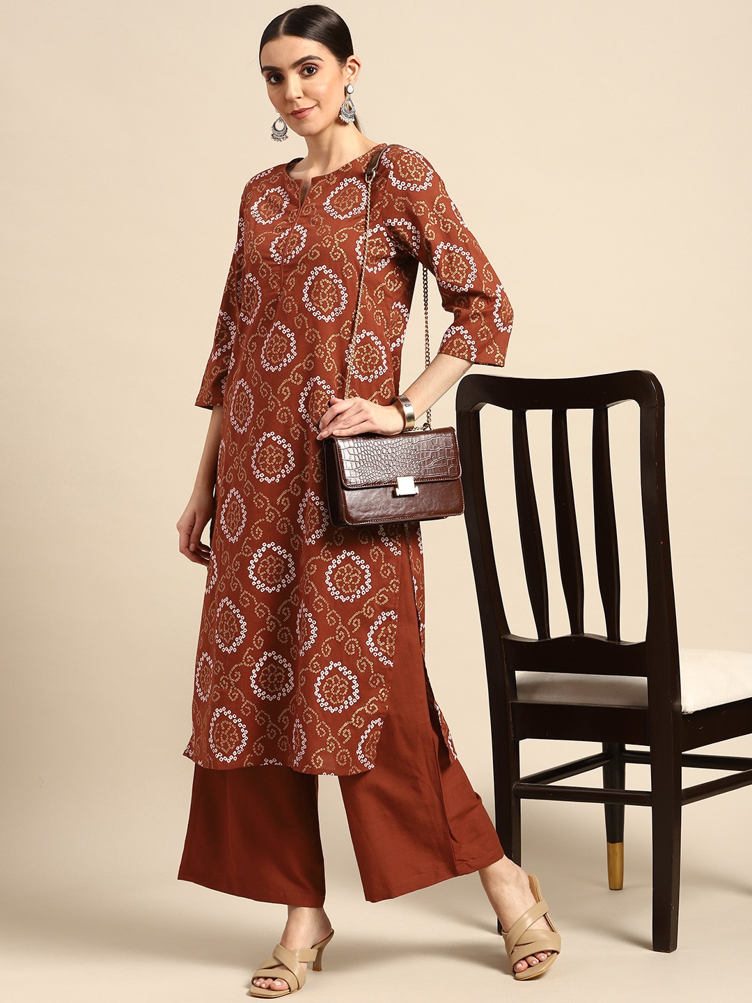 

Anouk Women Rust Brown & White Printed Pure Cotton Kurta with Trousers
