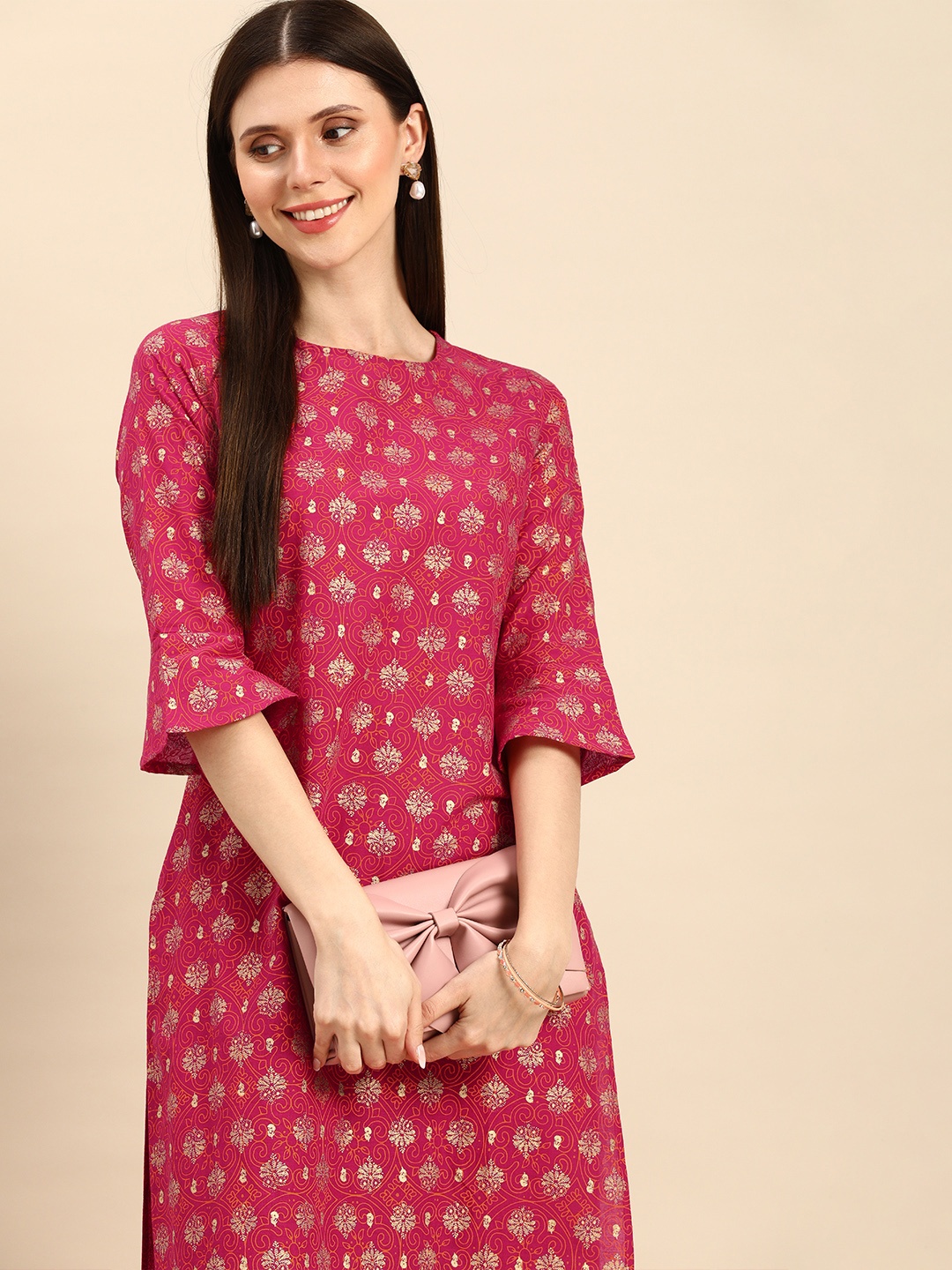 

Anouk Women Pink Ethnic Motifs Foil Printed Pure Cotton Kurta with Trousers