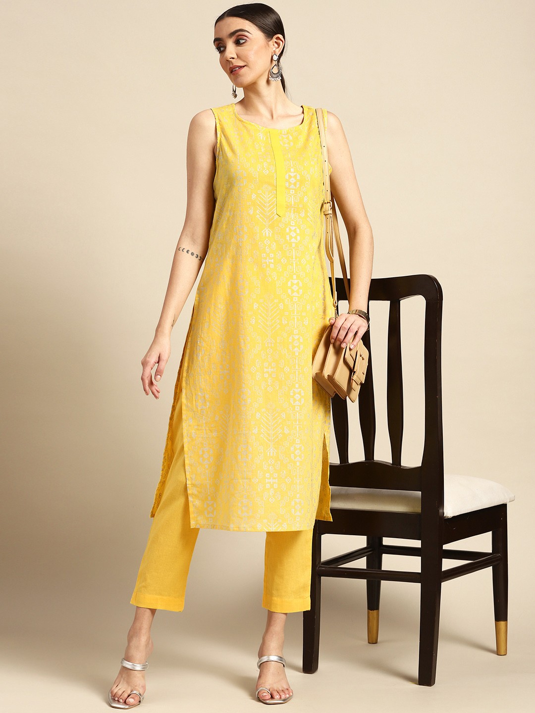 

Anouk Women Yellow & Silver Ethnic Motifs Printed Pure Cotton Kurta with Trousers