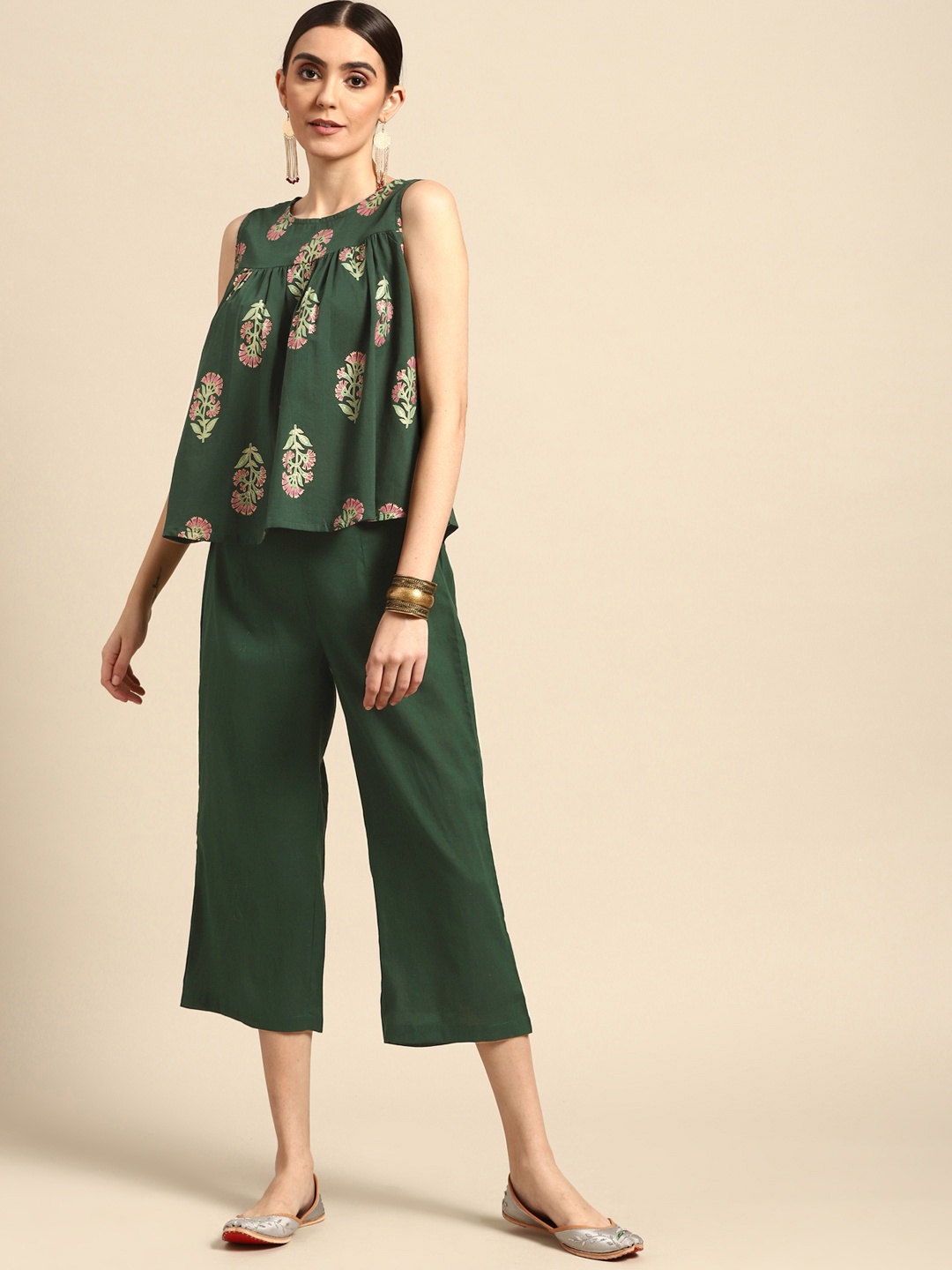 

Anouk Women Green Pure Cotton Printed Pleated Top with Palazzos
