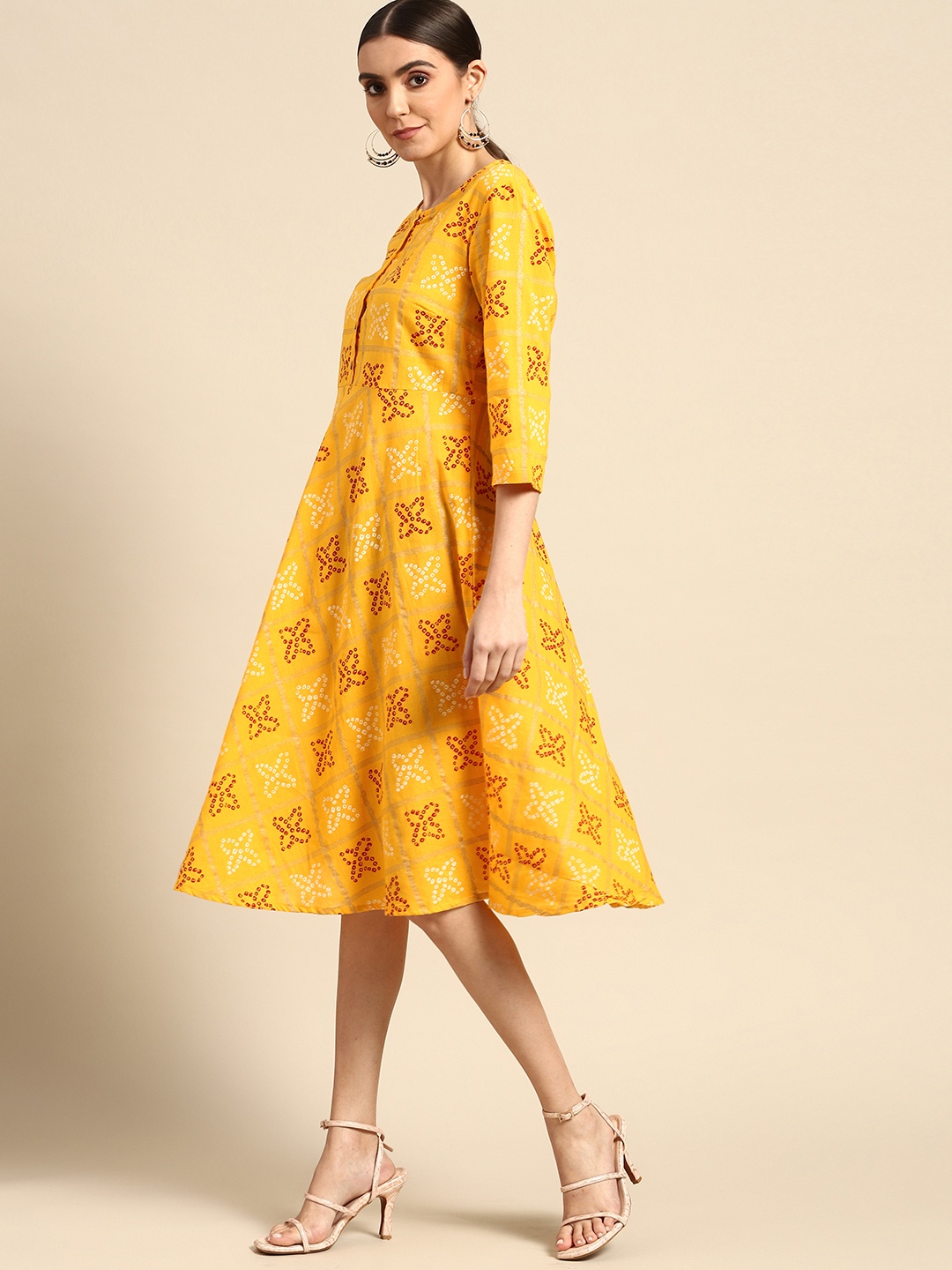 

Anouk Yellow & Red Bandhini Print Pure Cotton A-Line Midi Dress