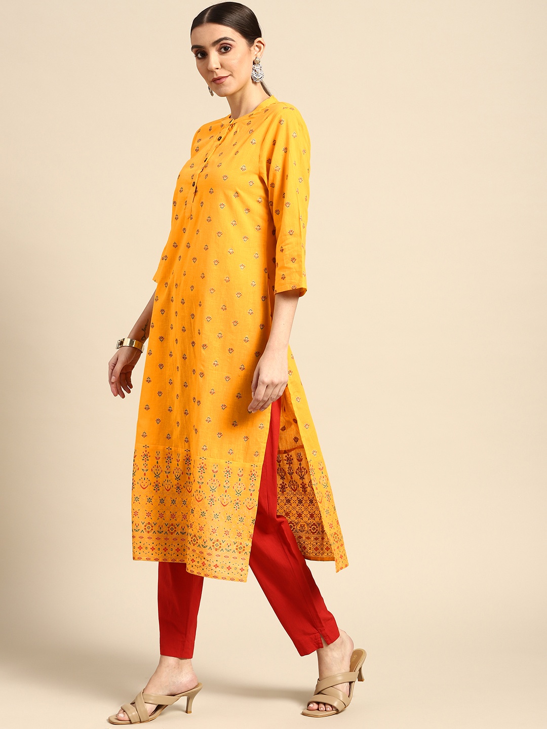 

Anouk Women Yellow & Green Pure Cotton Ethnic Motifs Printed Kurta
