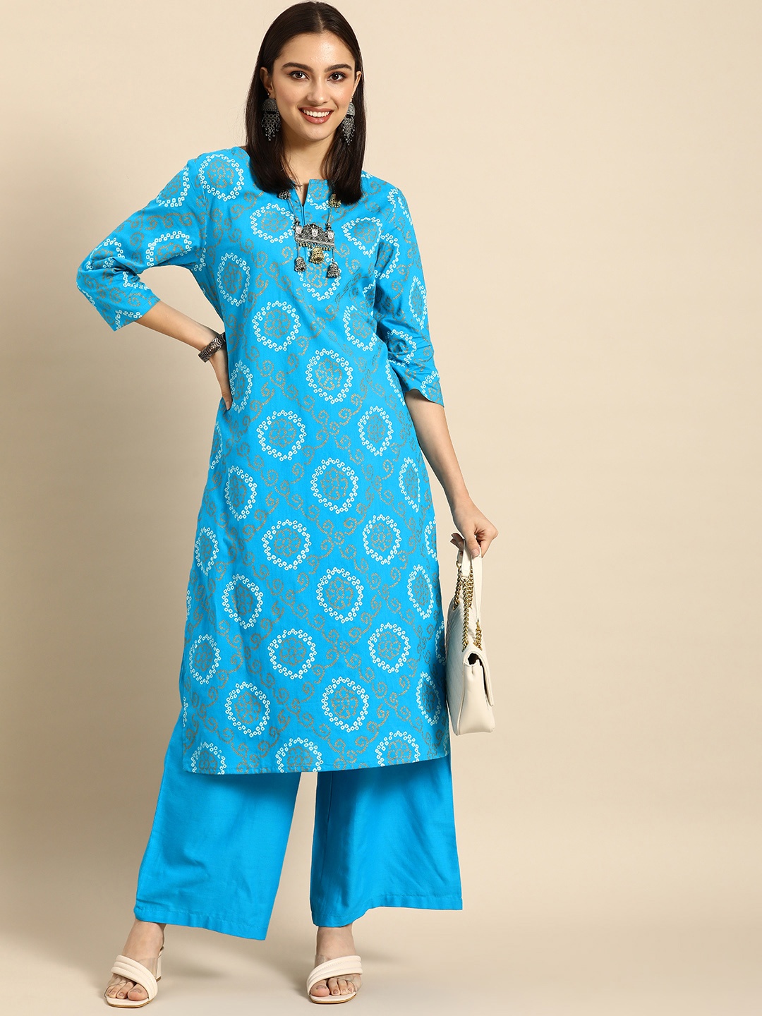 

Anouk Women Sky Blue Bandhani Printed Pure Cotton Kurta with Palazzos