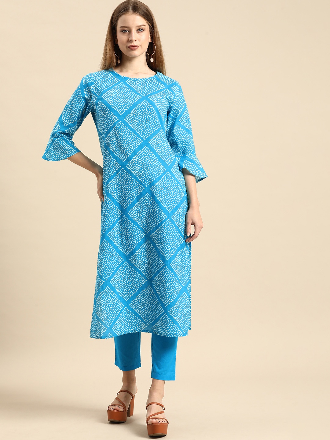 

Anouk Women Blue & White Bandhani Printed Pure Cotton Kurta Set