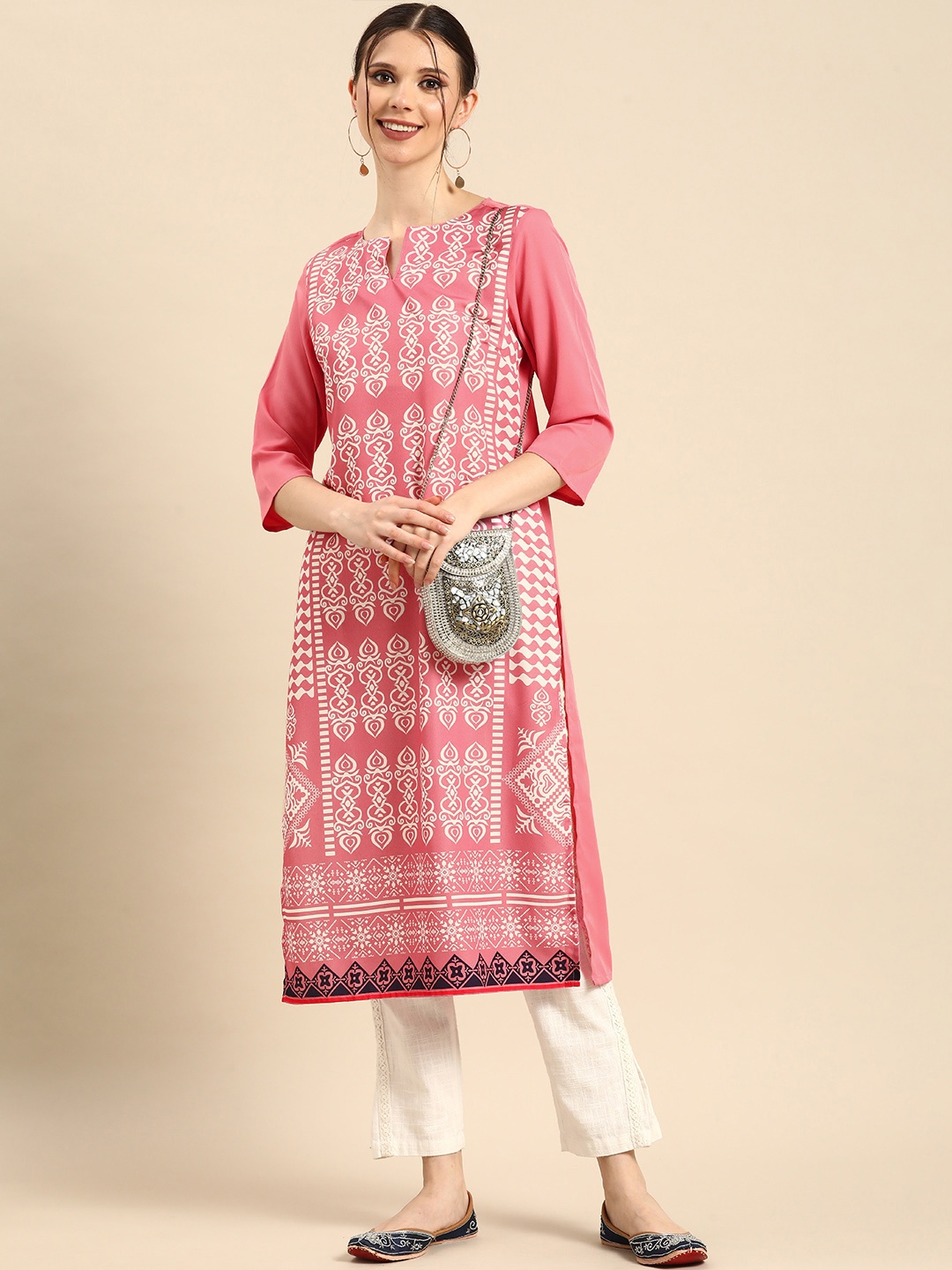 

Anouk Women Pink & White Ethnic Motifs Printed Kurta