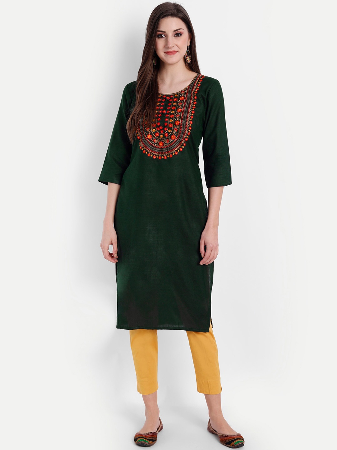 

Globon Impex Women Green Yoke Design Floral Kurta