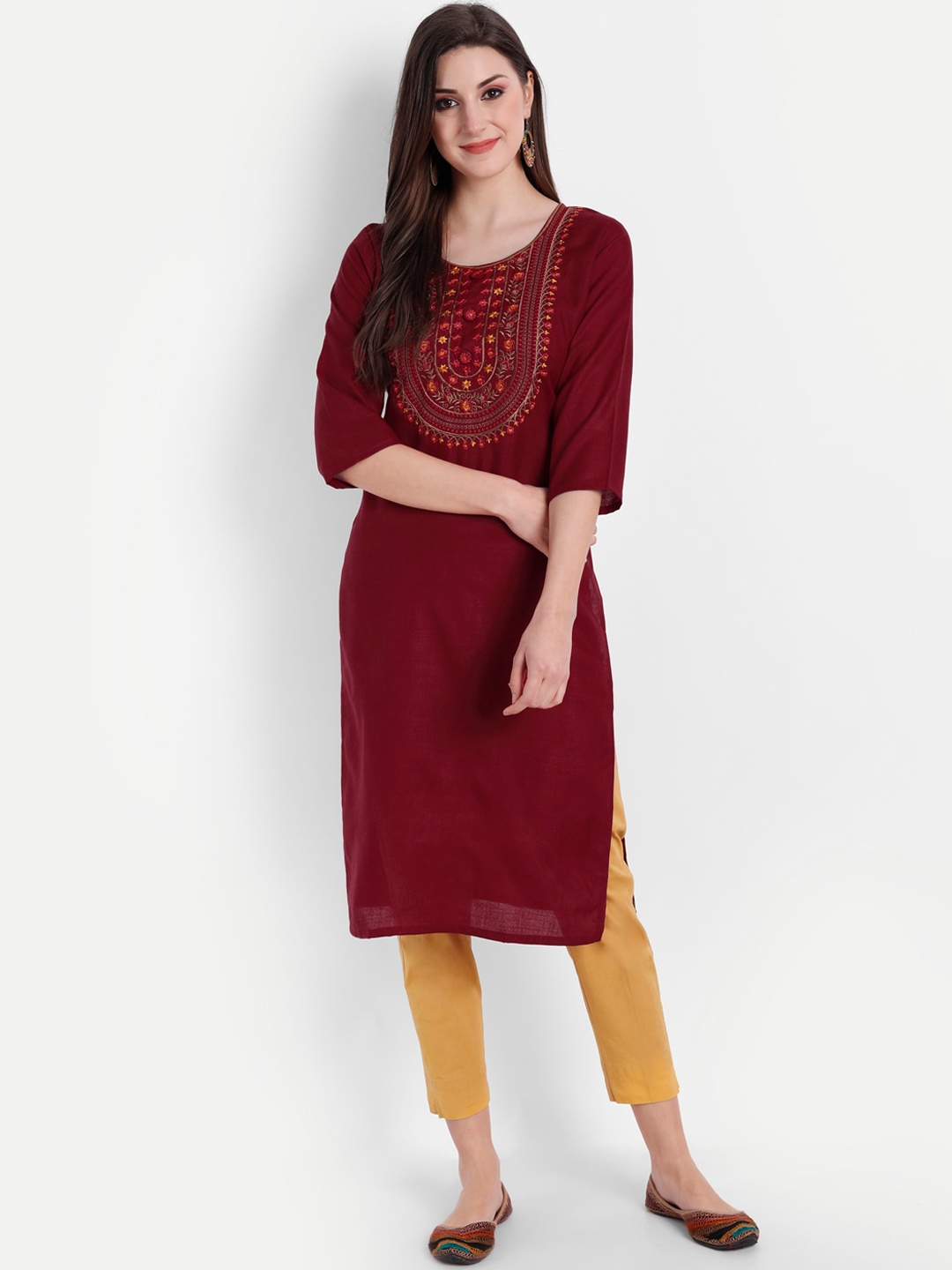 

Globon Impex Women Maroon Embroidered Thread Work Floral Kurta
