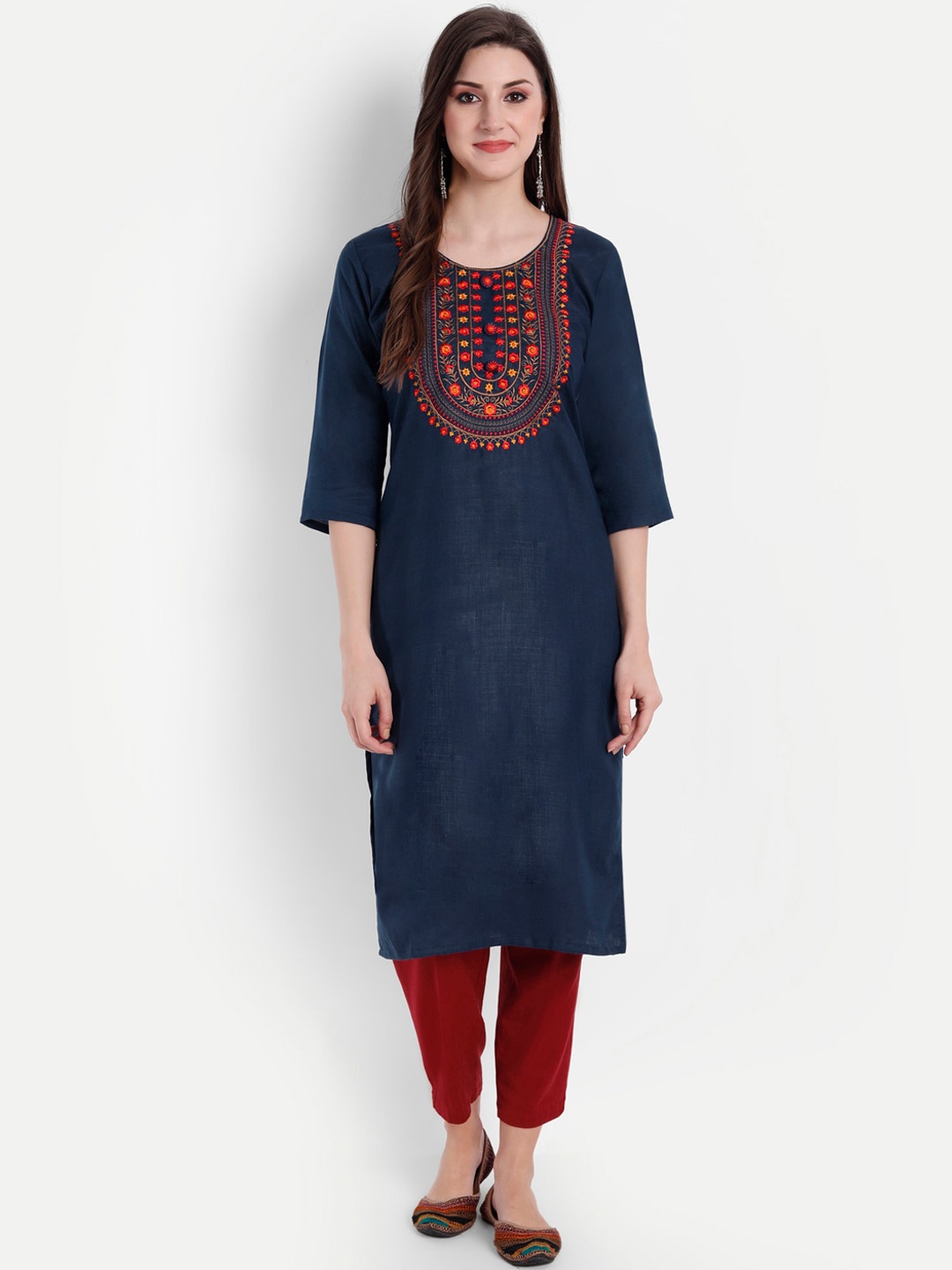 

Globon Impex Women Navy Blue Floral Yoke Design Thread Work Floral Kurta