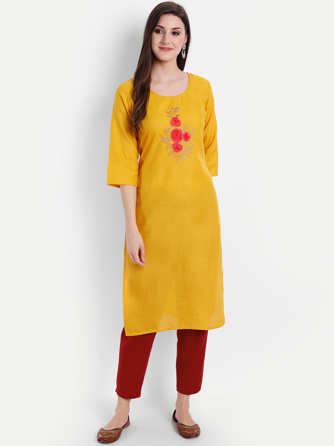 

Globon Impex Women Mustard Yellow Floral Embroidered Kurta