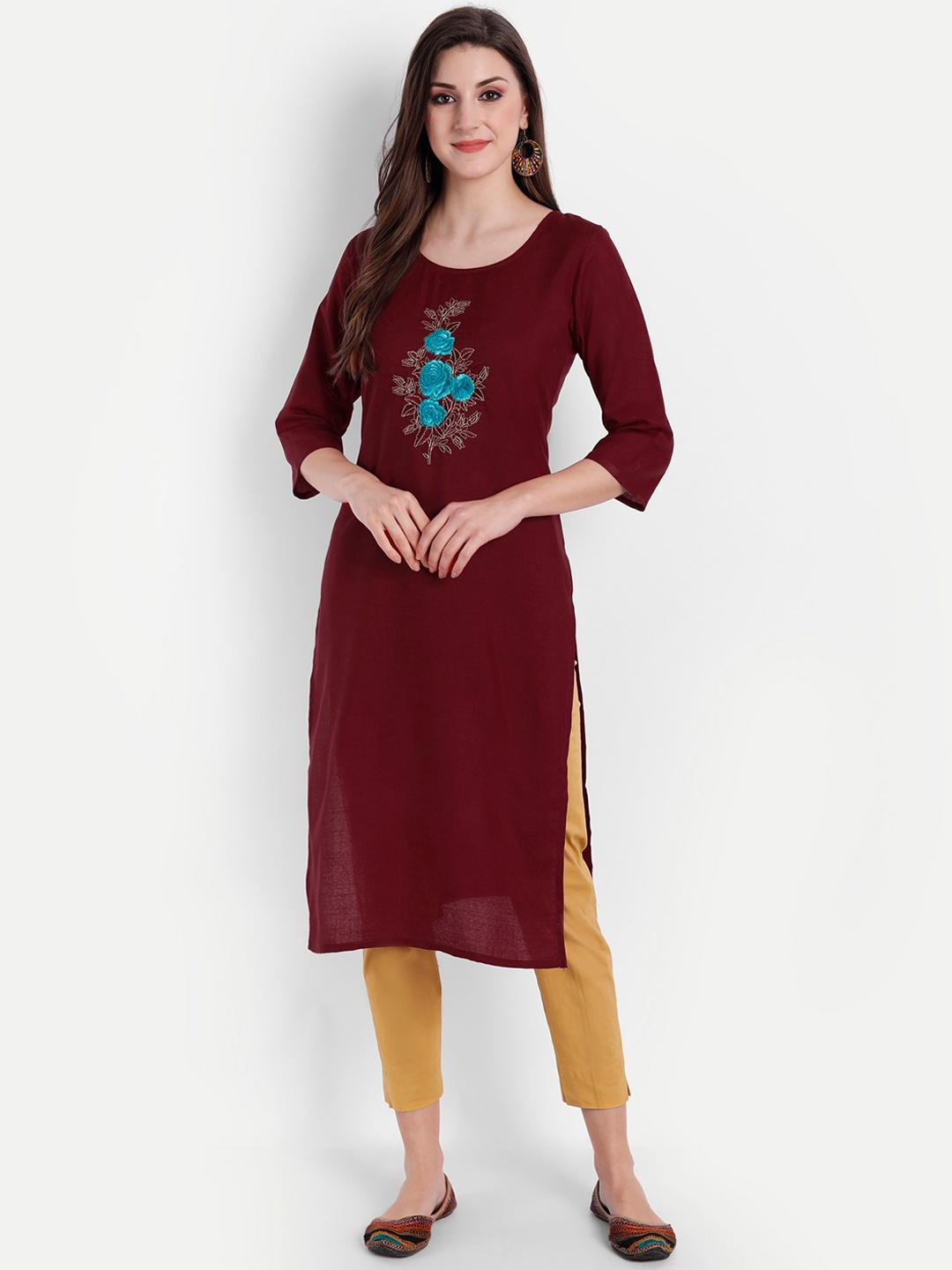 

Globon Impex Women Maroon Floral Embroidered Thread Work Floral Kurta