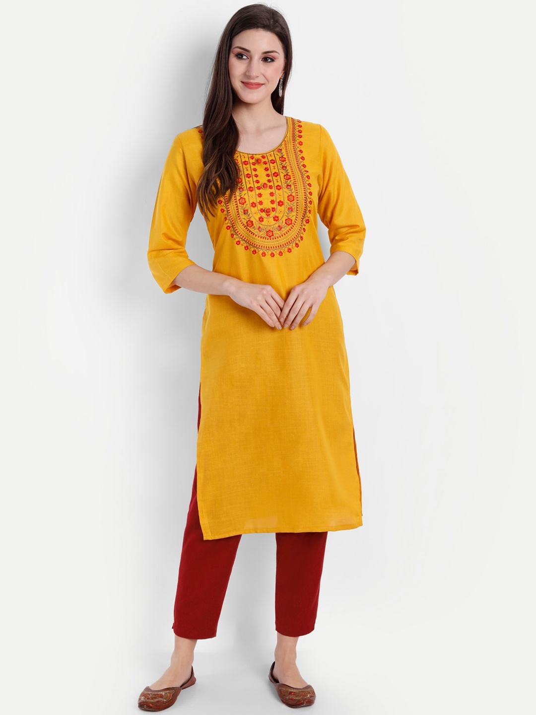 

Globon Impex Women Mustard Yellow Yoke Design Embroidered Kurta