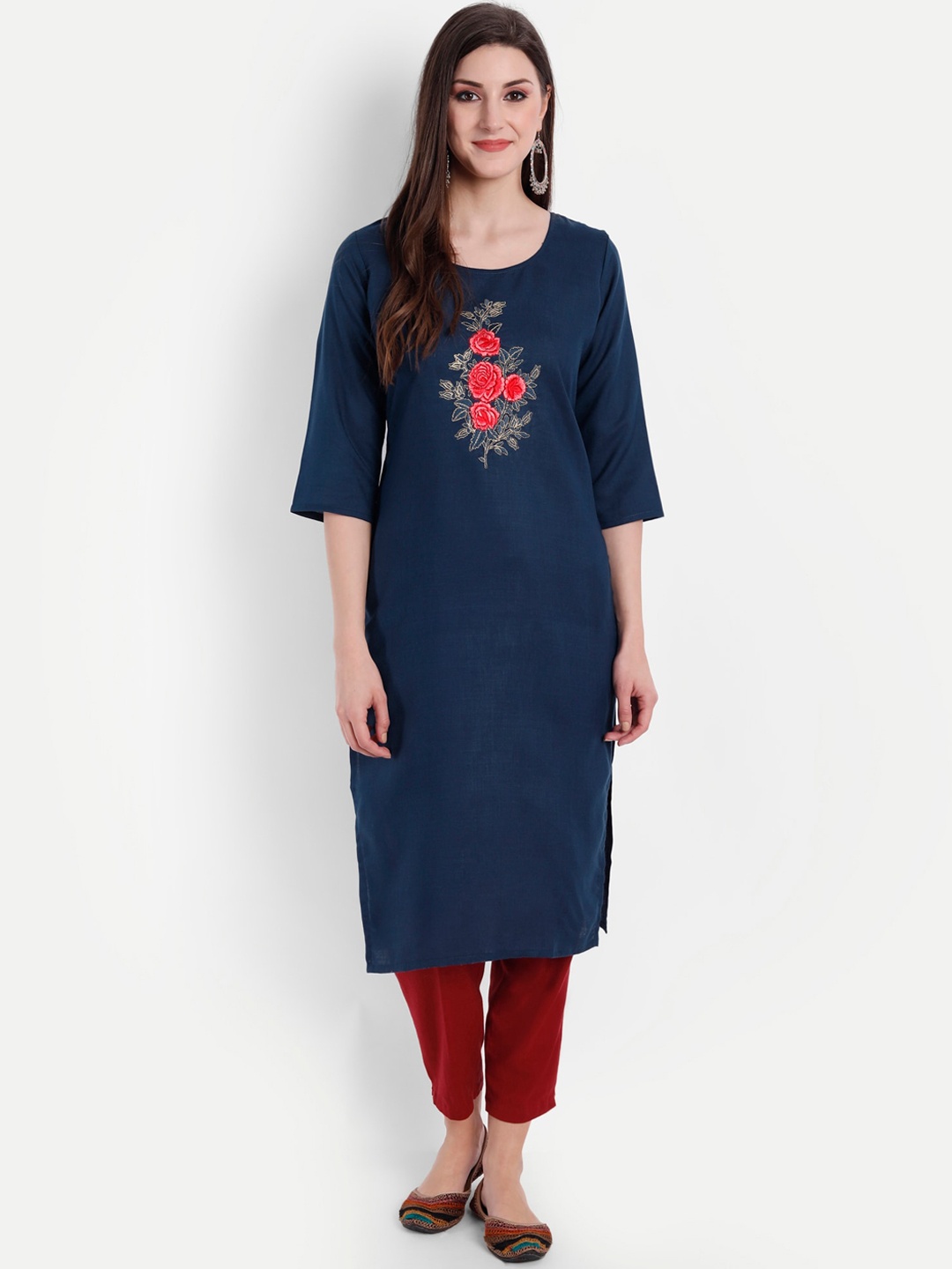 Globon Impex Women Navy Blue Floral Embroidered Kurta