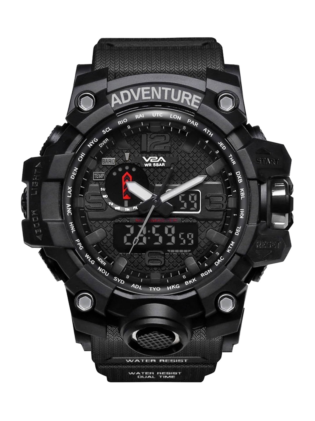 

V2A Men Black Patterned Dial & Black Straps Analogue and Digital Watch V2A-1545-Black