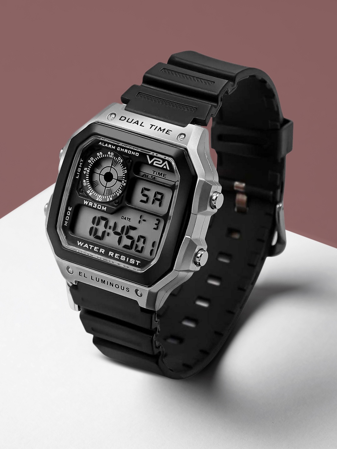 

V2A Men Silver-Toned Dial & Black Bracelet Style Straps Digital Multi Function Watch V2A-1299-Black