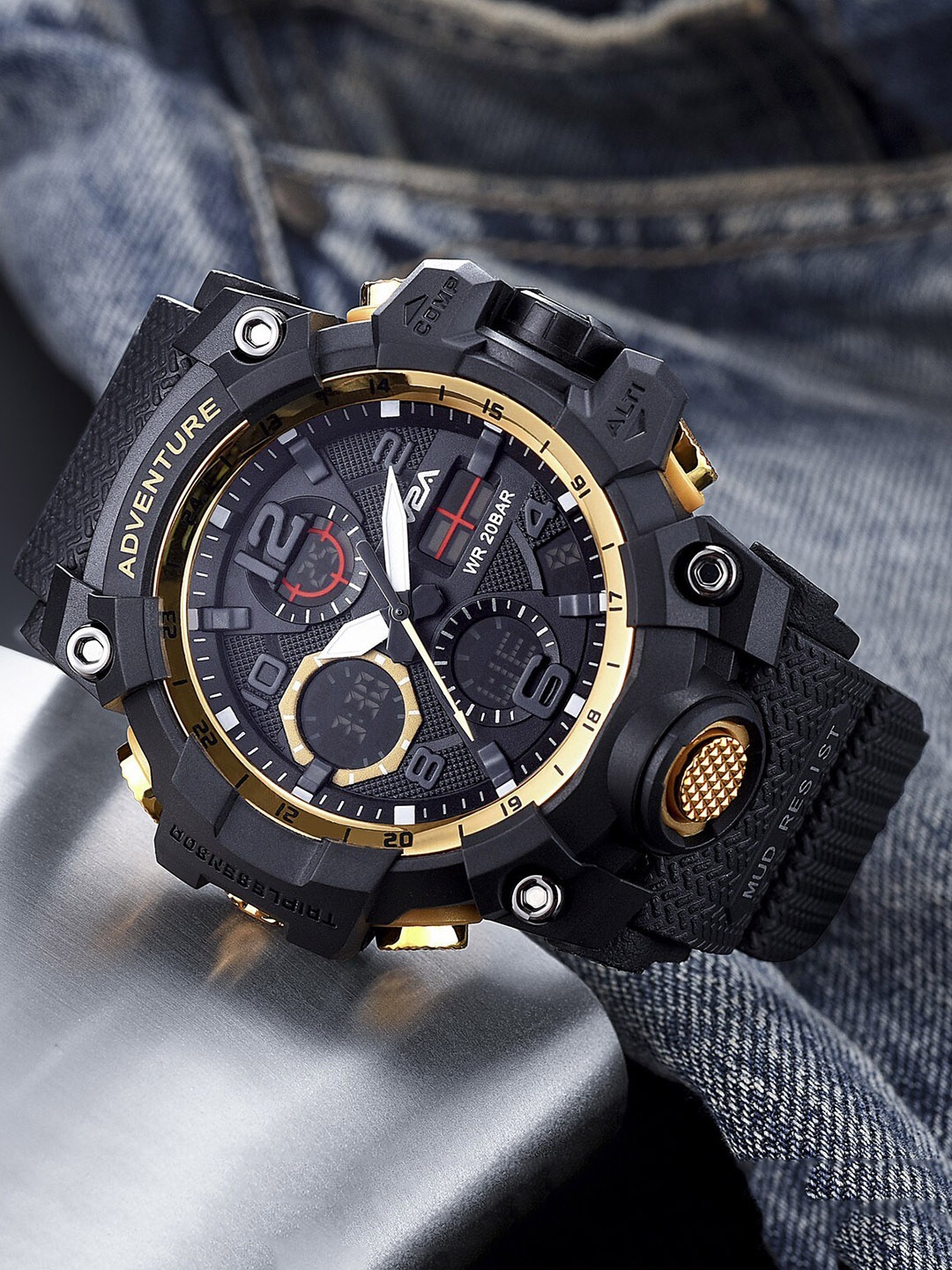 

V2A Men Black Analogue and Digital Multi Function Watch V2A-CS-1518-Black-Goil