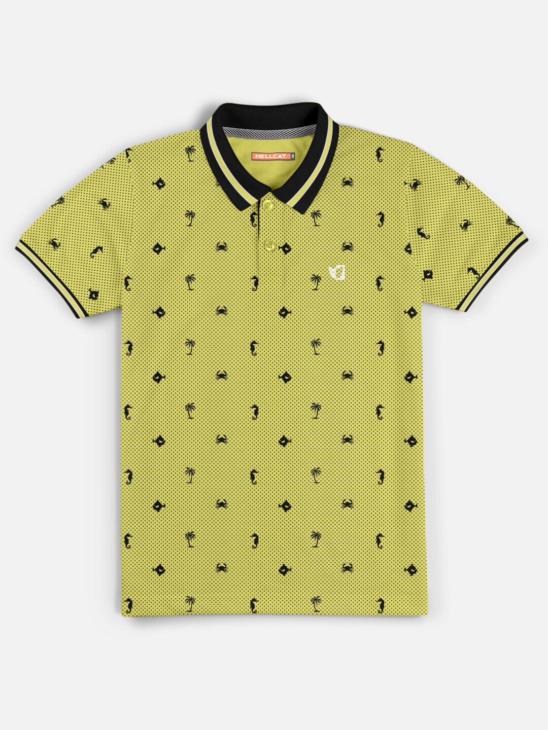 

HELLCAT Boys Lime Green Printed Polo Collar T-shirt