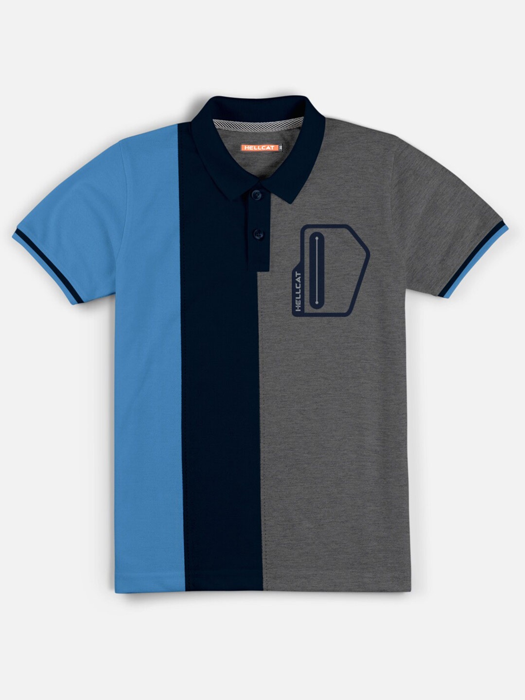 

HELLCAT Boys Grey & Blue Polo Collar Bio Finish Regular Fit T-shirt