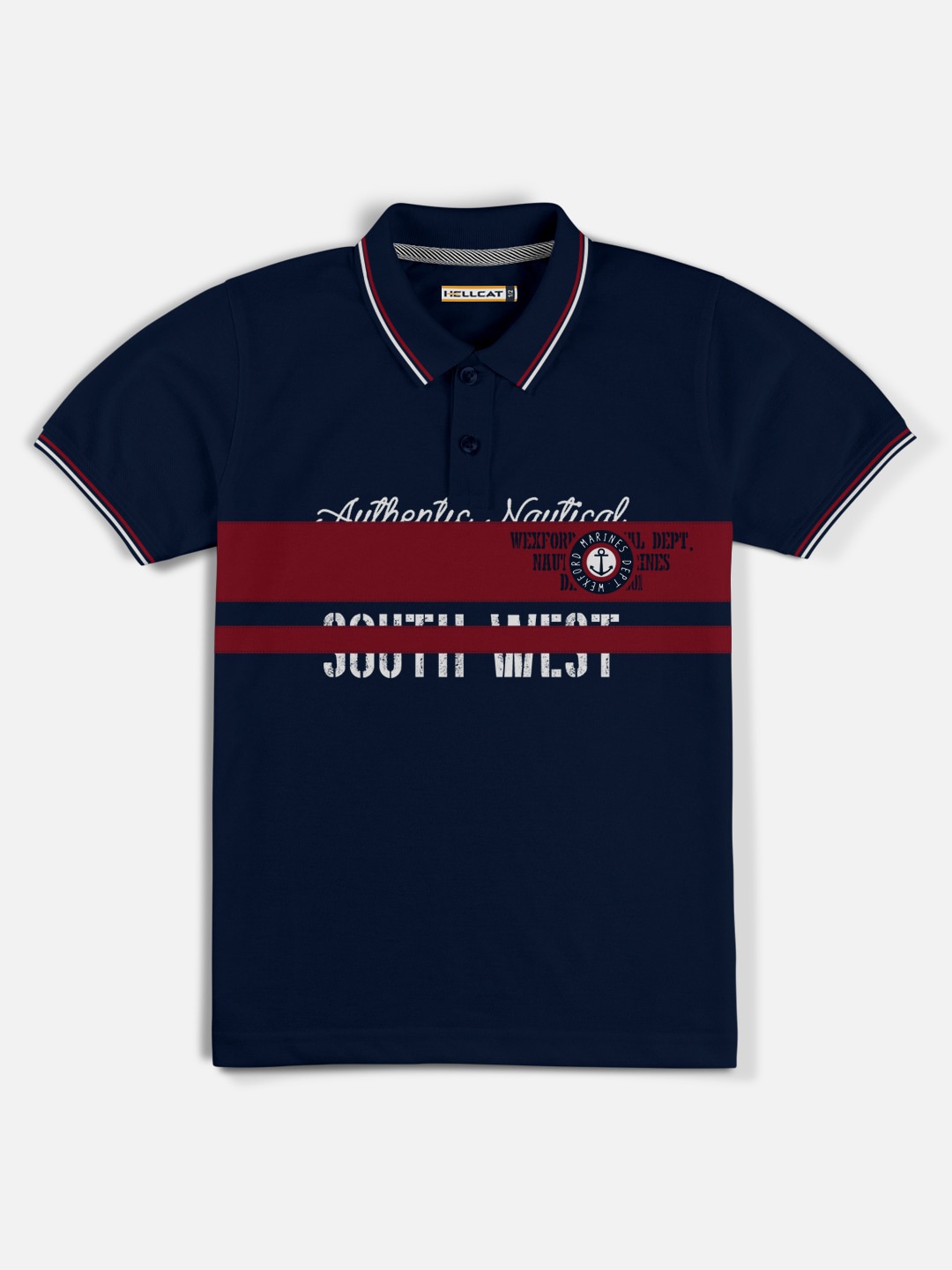 

HELLCAT Boys Navy Blue & Red Colourblocked Polo Collar Bio Finish T-shirt