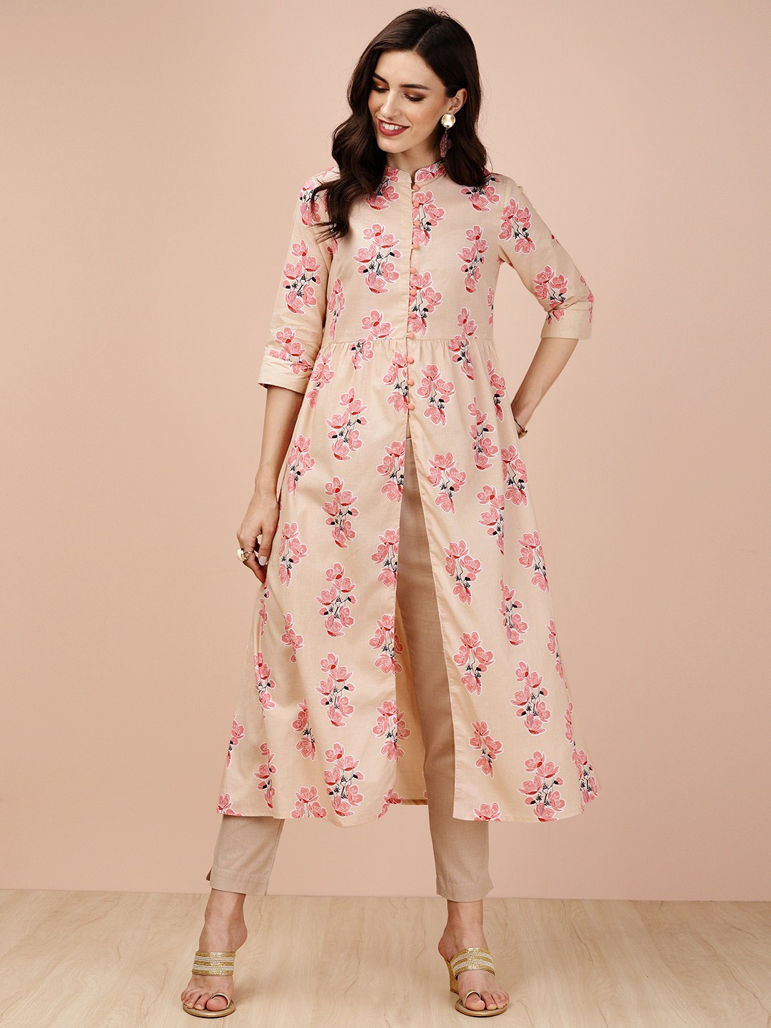 

all about you Women Beige Printed High-Slit Fusion Kurta