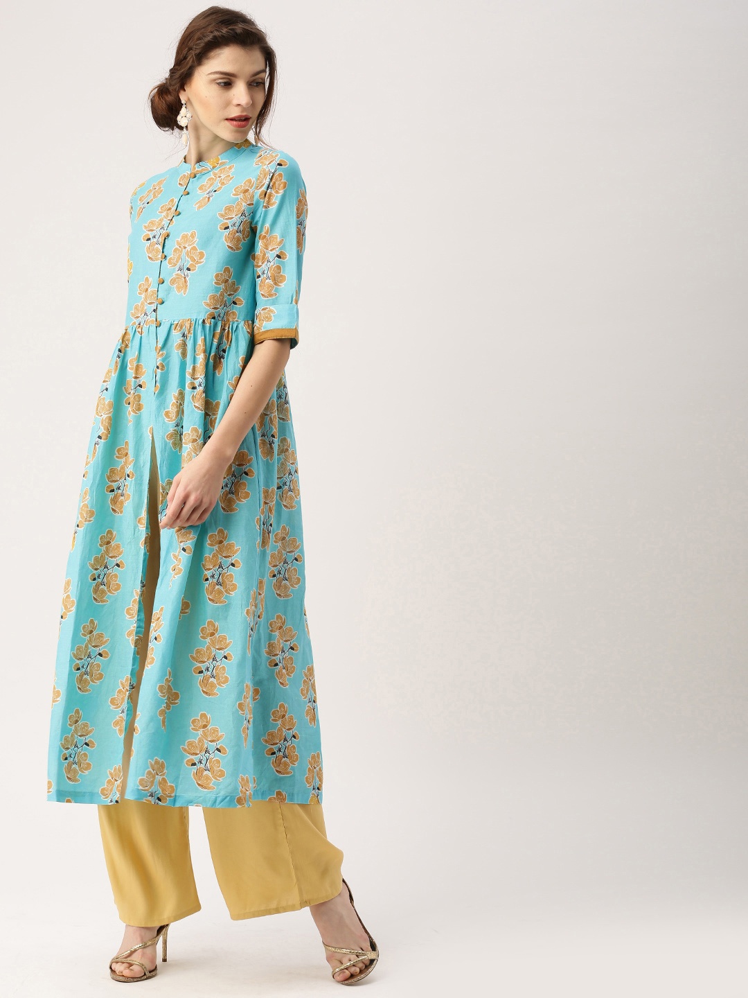 

all about you Blue Floral Print High-Slit Anarkali Kurta