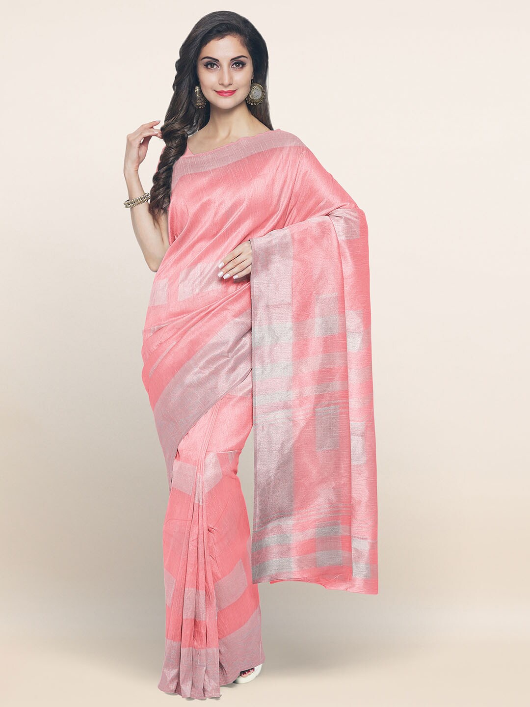 

Pothys Pink & Silver-Toned Woven Design Zari Saree