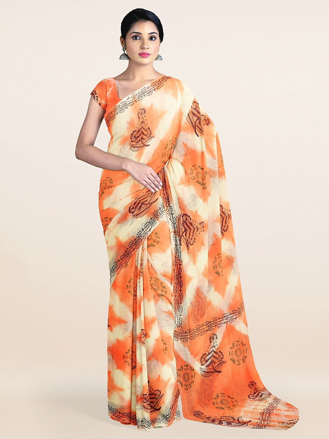 

Pothys Cream-Coloured & Orange Ethnic Motifs Printed Pure Cotton Saree
