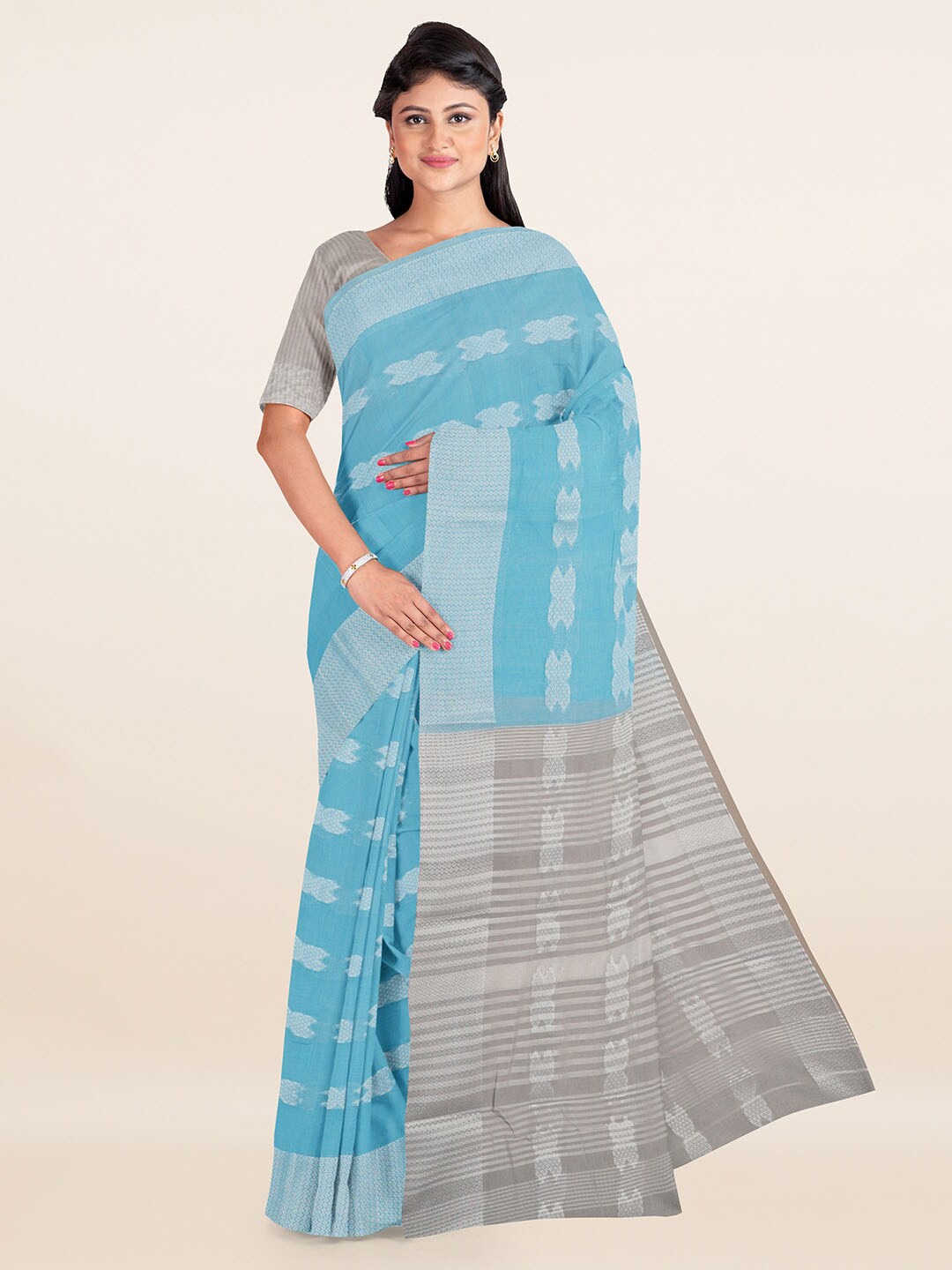 

Pothys Blue & Silver-Toned Zari Cotton Blend Saree