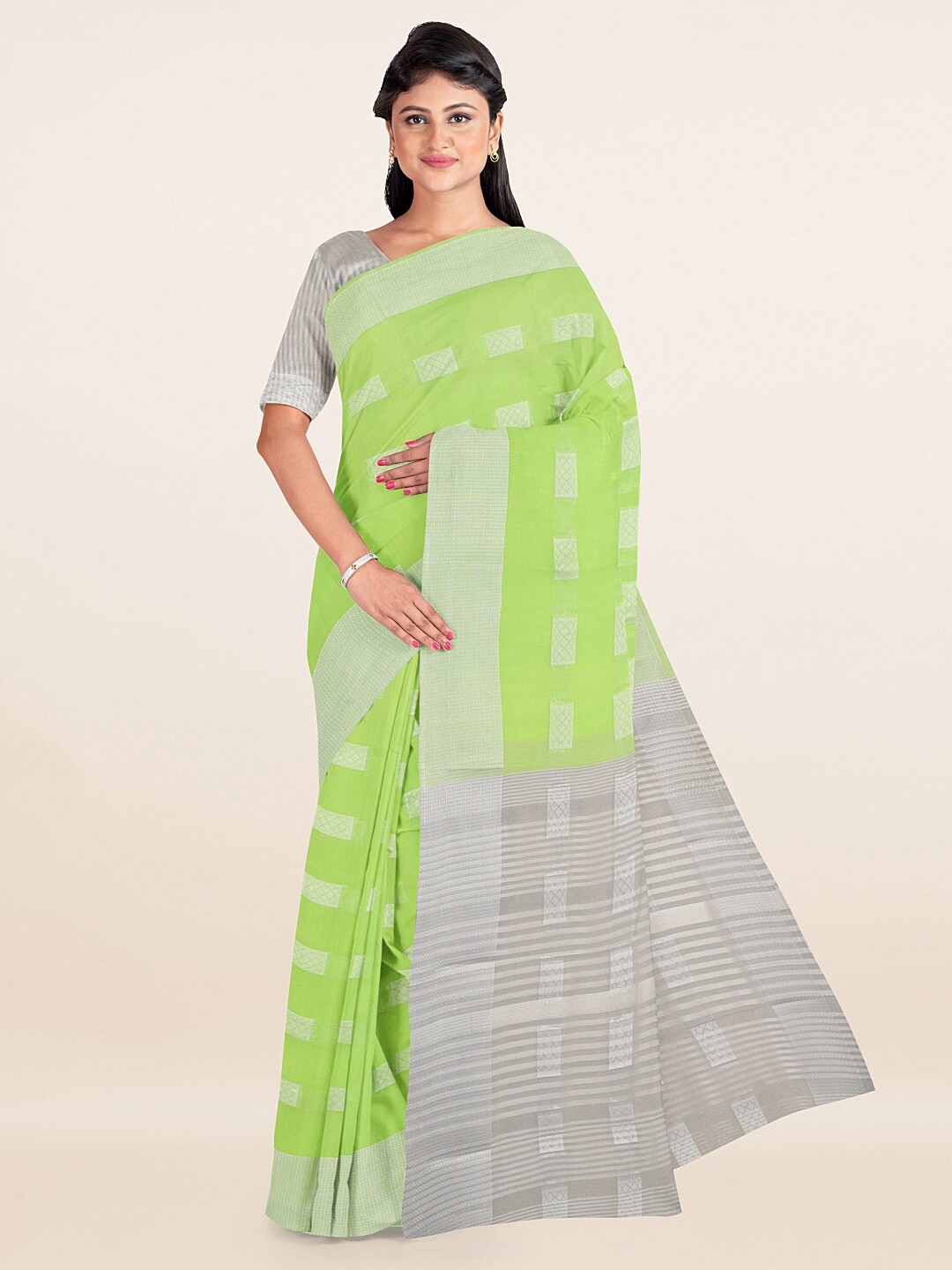 

Pothys Green & Grey Woven Design Zari Cotton Blend Saree