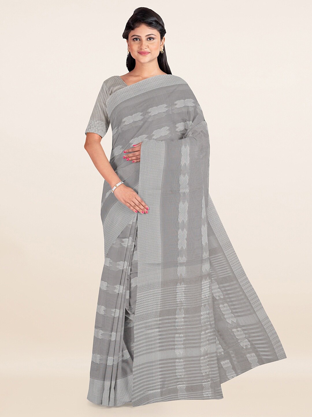 

Pothys Grey & Silver-Toned Woven Design Zari Saree