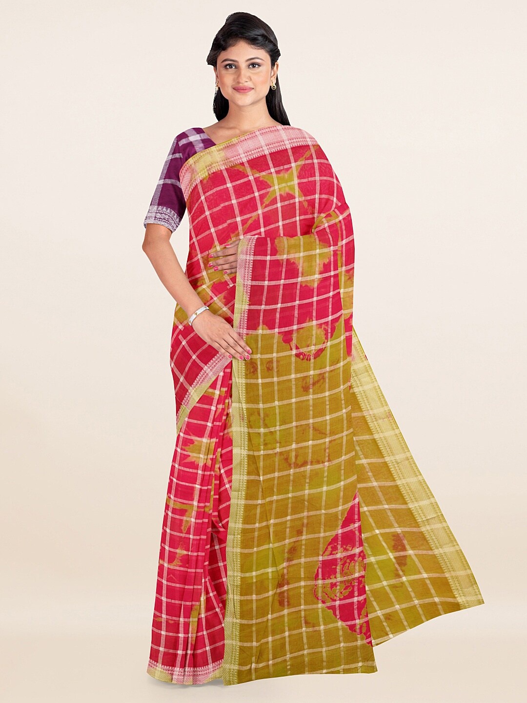 

Pothys Pink & Green Checked Pure Cotton Saree