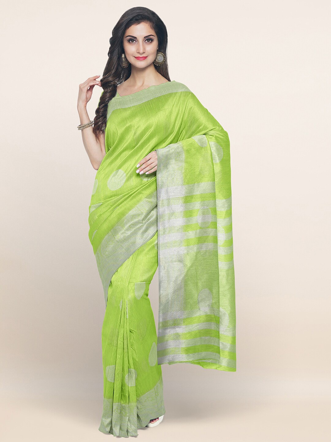 

Pothys Green & Silver-Toned Woven Design Zari Saree