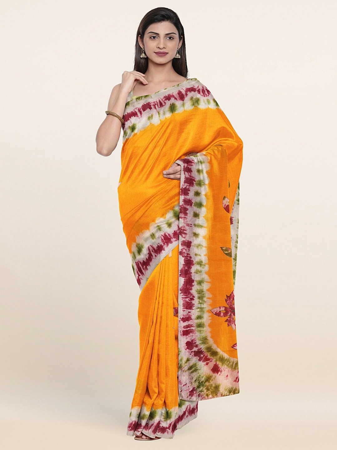

Pothys Yellow & Green Floral Tie & Dye Printed Pure Cotton Saree