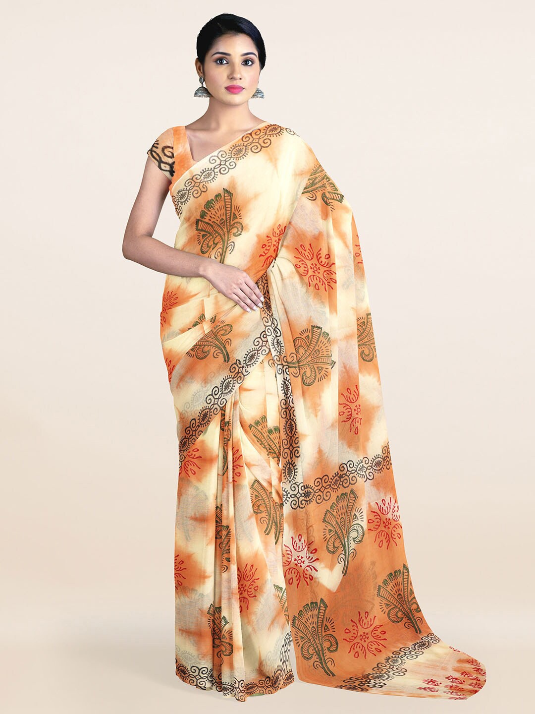 

Pothys Cream-Coloured & Orange Ethnic Motifs Pure Cotton Saree