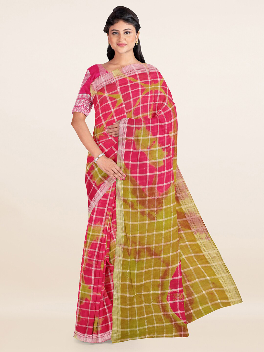 

Pothys Pink & Green Tie and Dye Checked Pure Cotton Saree