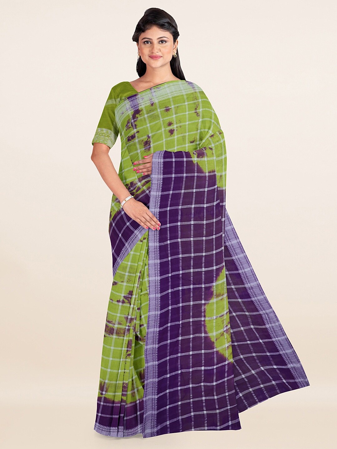 

Pothys Green & Violet Checked Zari Pure Cotton Saree