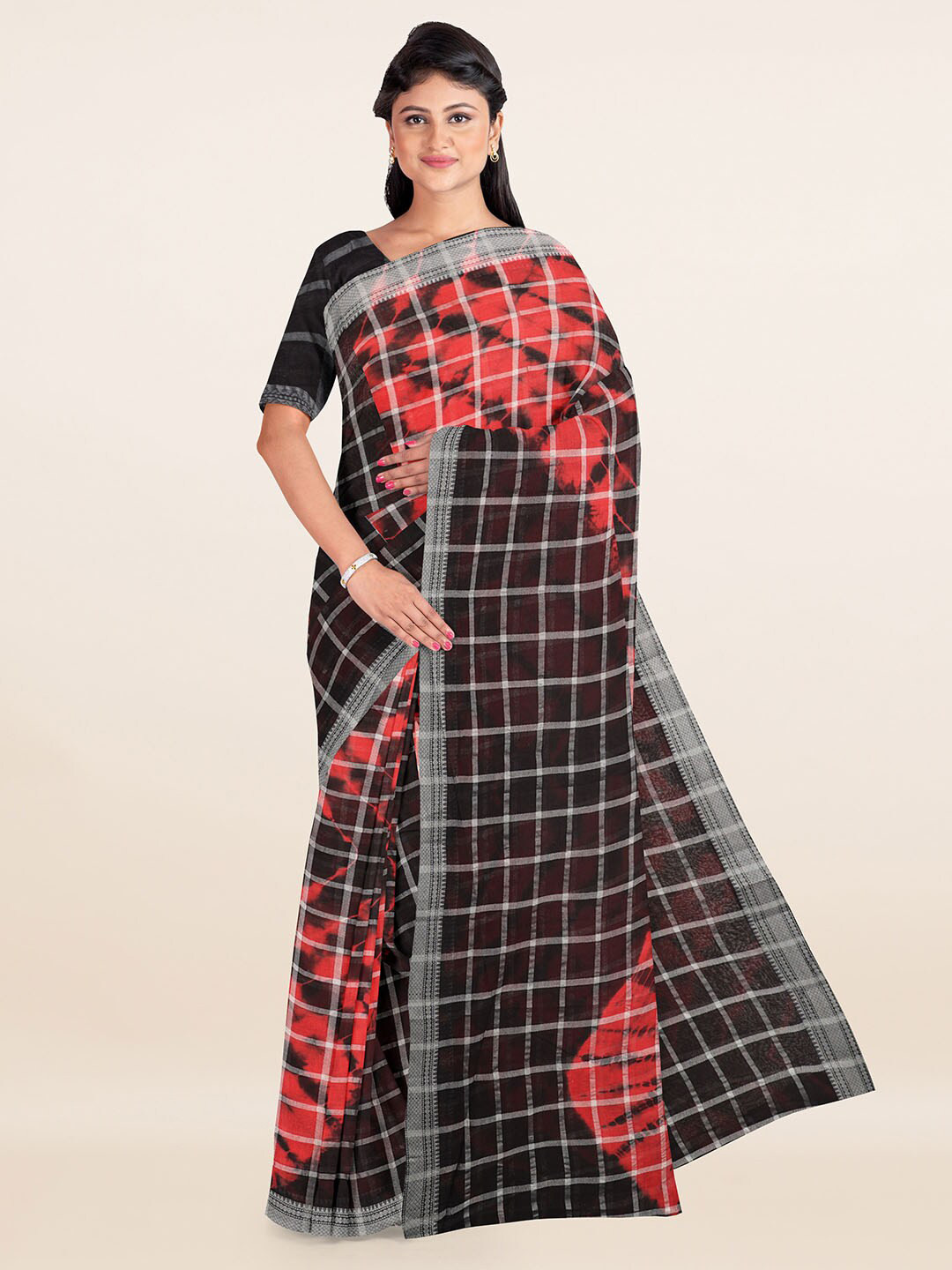 

Pothys Red & Black Tie and Dye Printed Zari Pure Cotton Saree