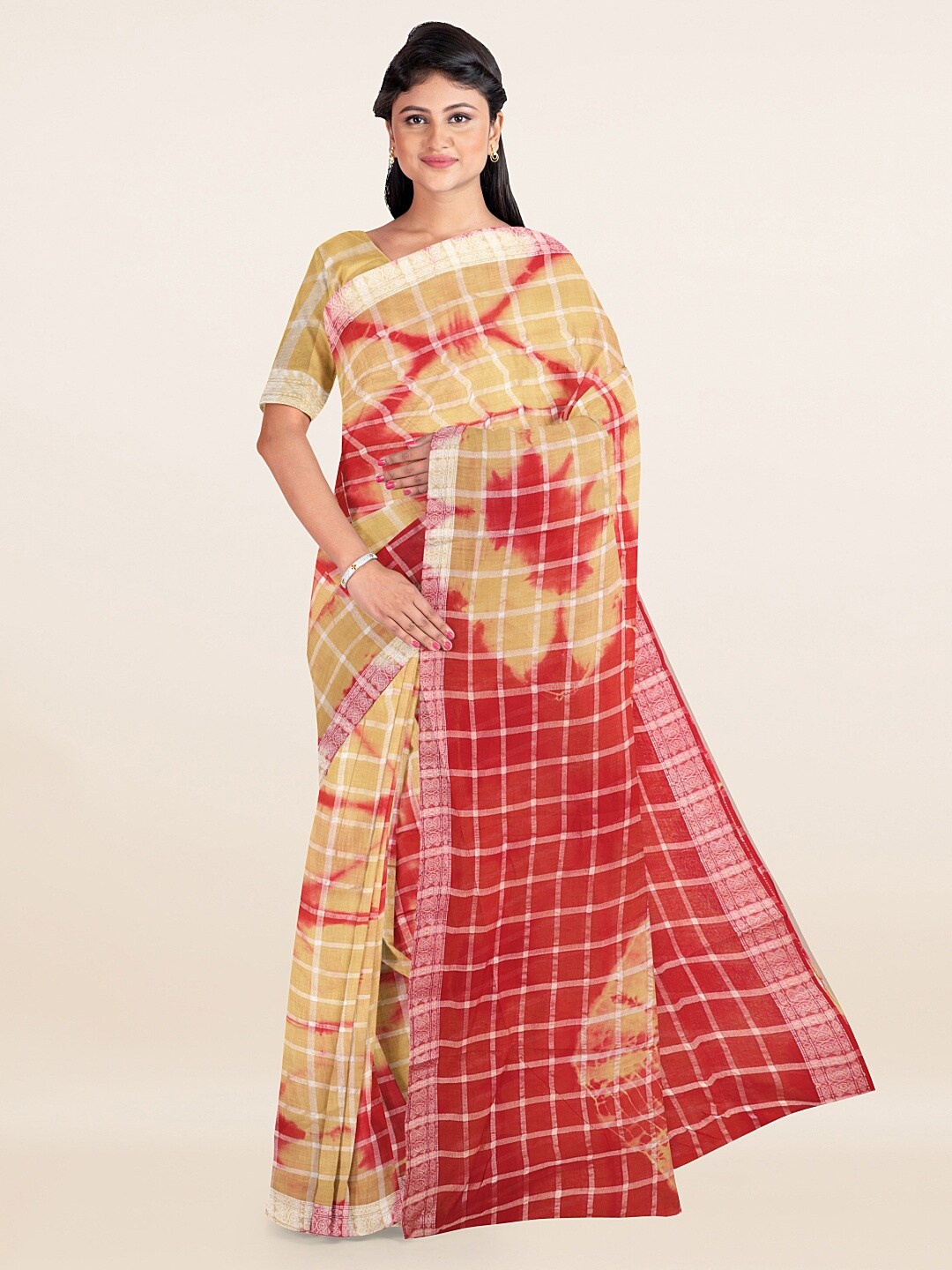 

Pothys Cream-Coloured & Red Checked Tie and Dye Pure Cotton Saree