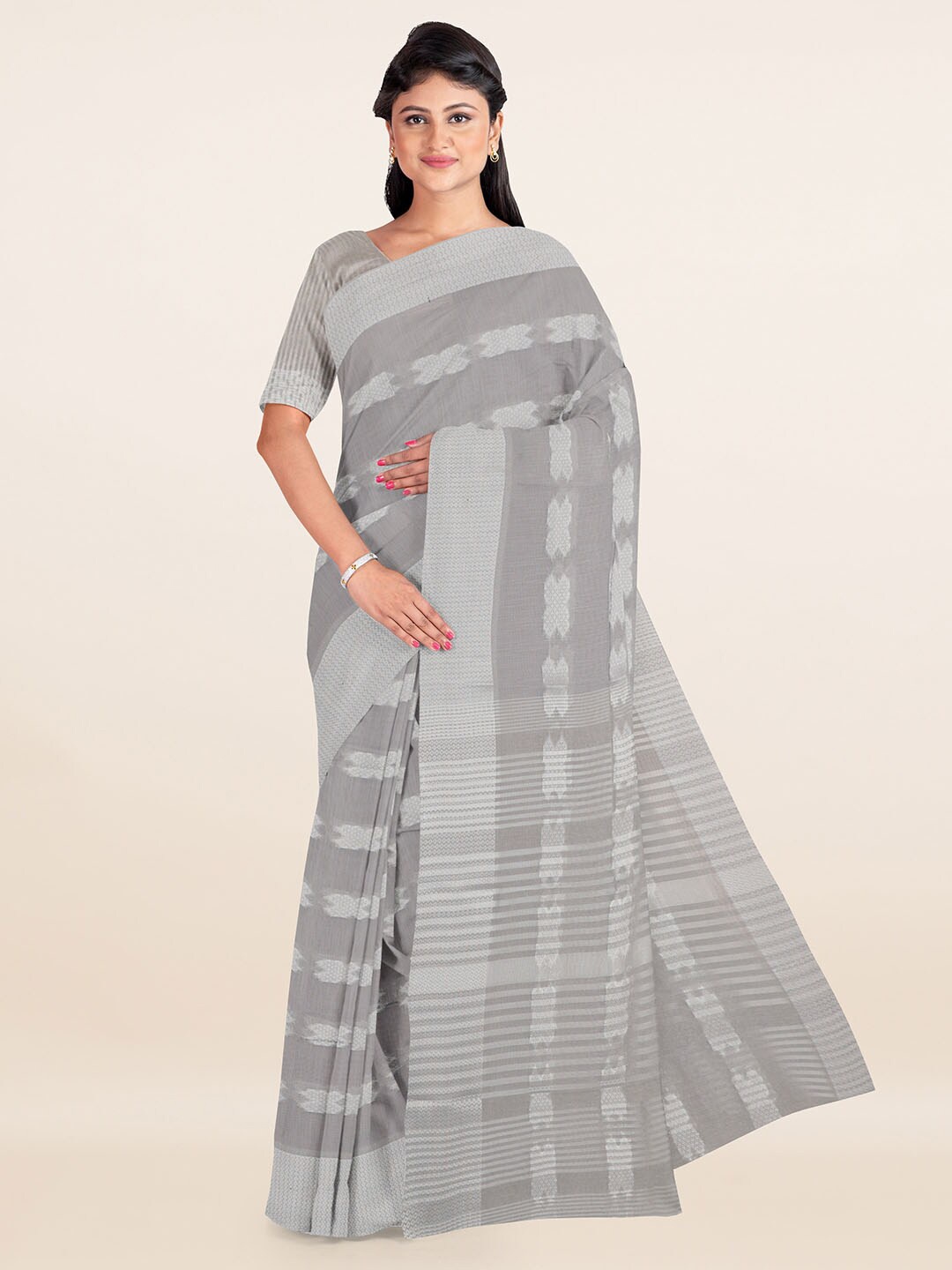 

Pothys Grey Woven Design Zari Cotton Blend Saree