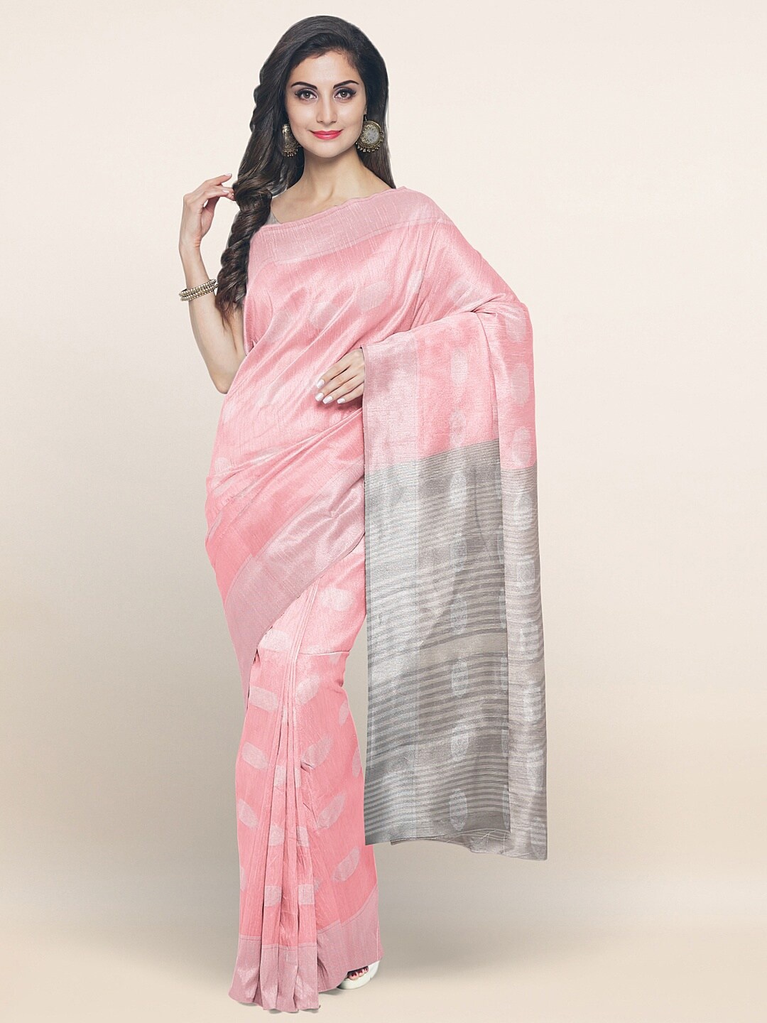 

Pothys Pink & Grey Silver-Toned Woven Design Saree