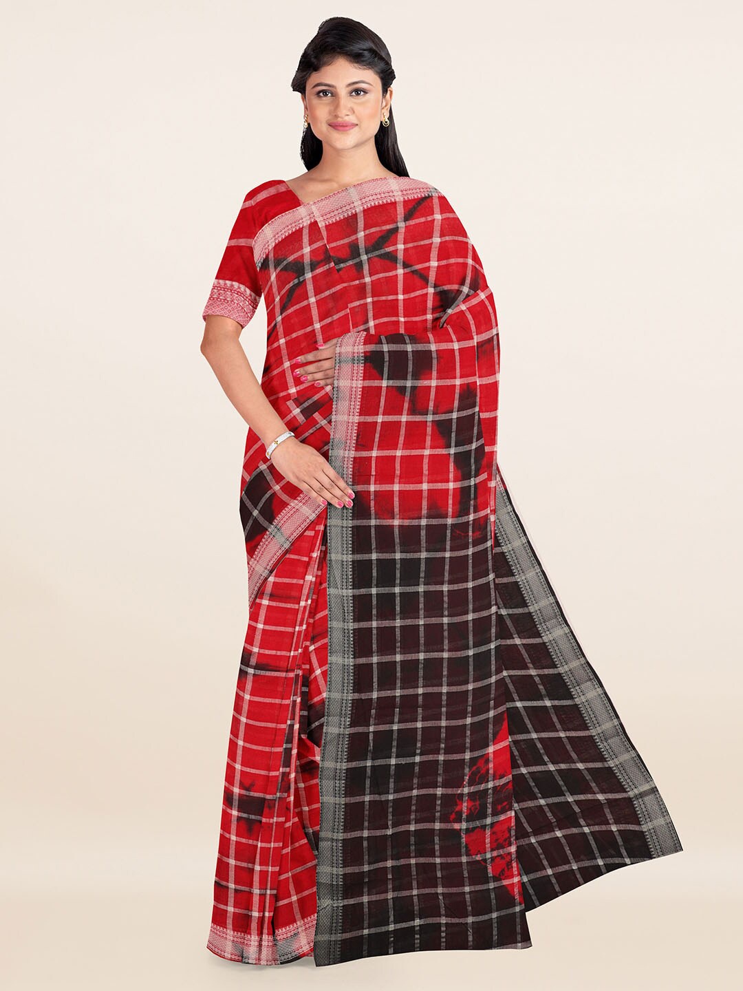 

Pothys Red & Black Tie and Dye Checked Pure Cotton Saree