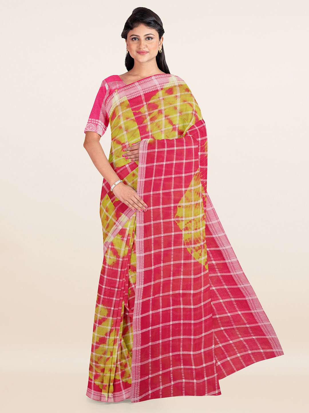 

Pothys Green & Pink Tie and Dye Checked Pure Cotton Saree
