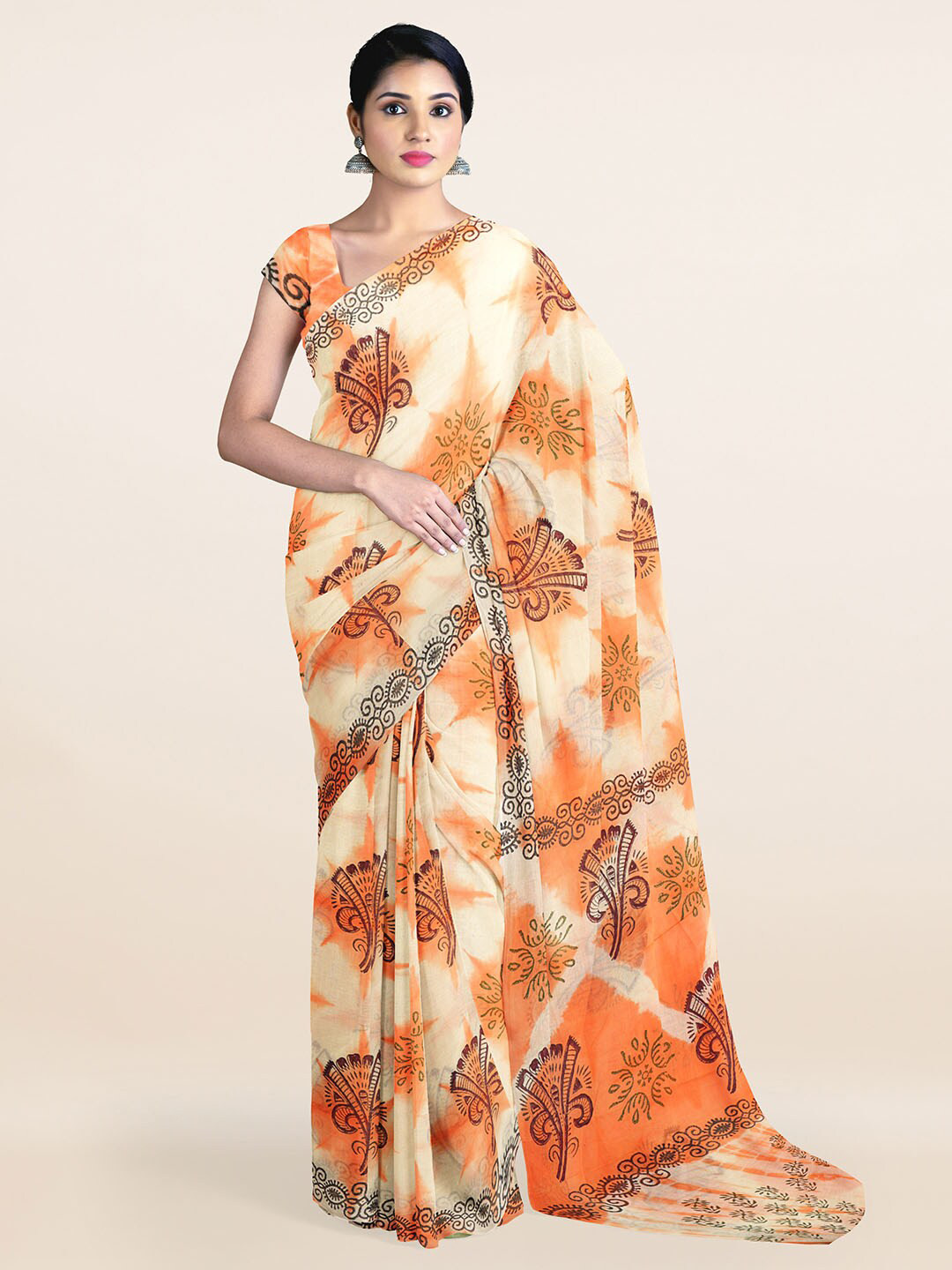 

Pothys Cream-Coloured & Orange Floral Pure Cotton Saree