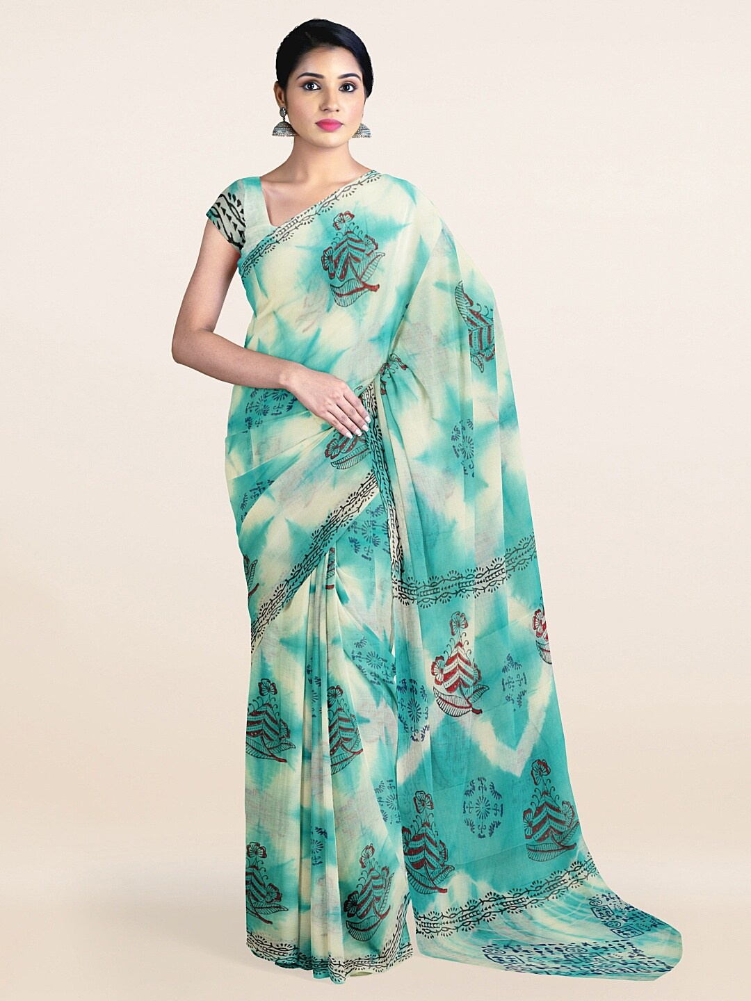 

Pothys Cream-Coloured & Blue Ethnic Motifs Pure Cotton Saree