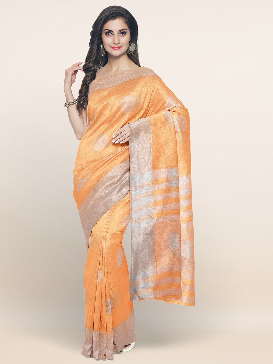 

Pothys Peach & Silver Woven Design Saree