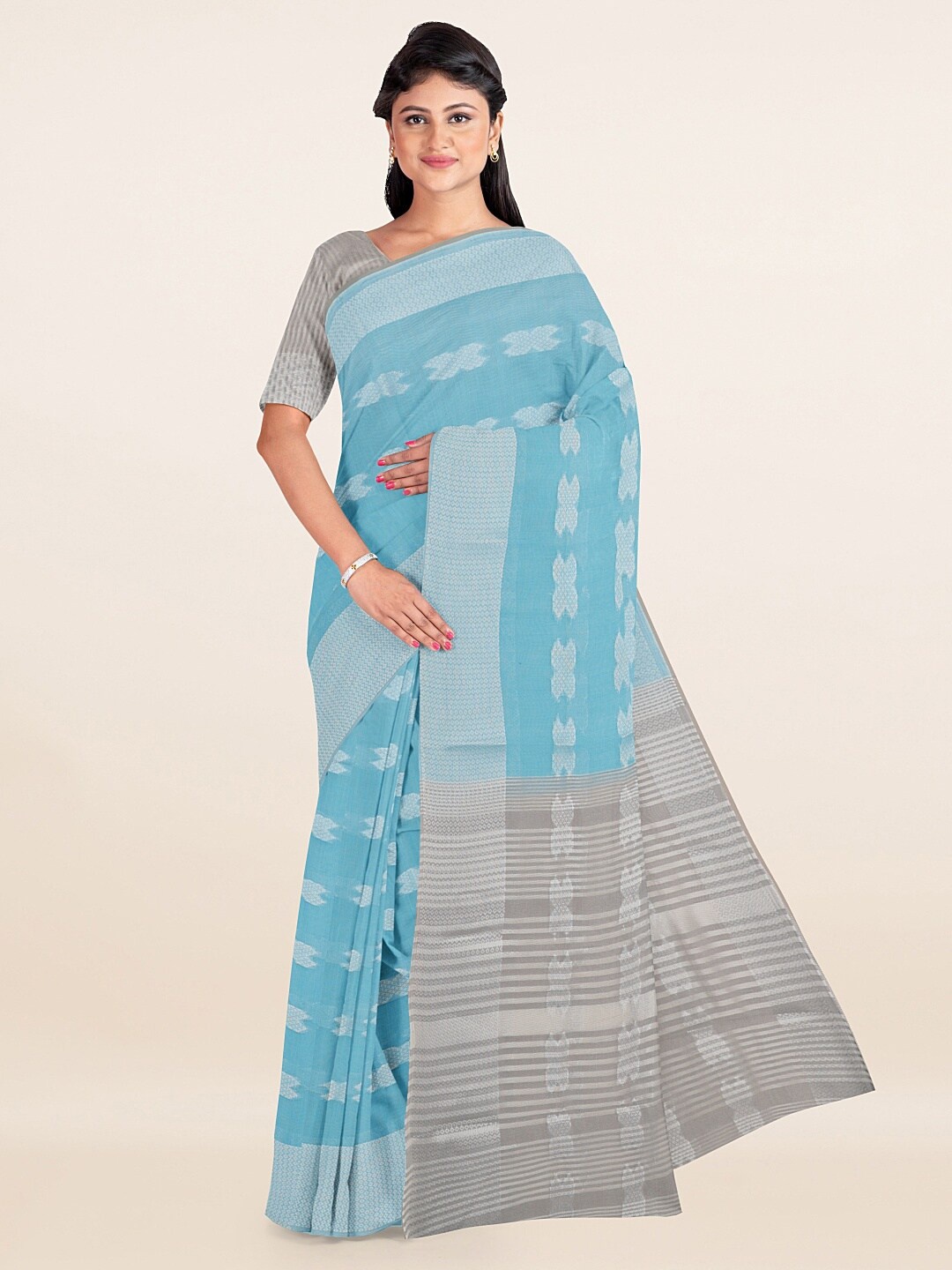 

Pothys Blue & Grey Silver-Toned Abstract Woven Design Saree